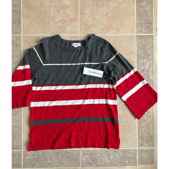 New! - Liz Claiborne Women's 3/4 Sleeve Red Gray Striped Pullover Sweater size M - Picture 2 of 7